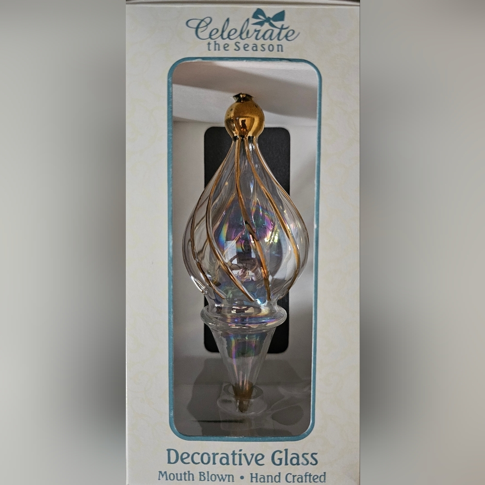 Clear Iridescent and Gold 6.5" Mouth Blown Glass Christmas Holiday Tree Ornament